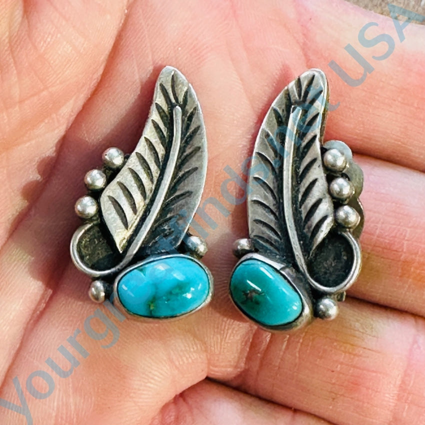 1950S Navajo One Feather Turquoise Earrings Sterling Clip