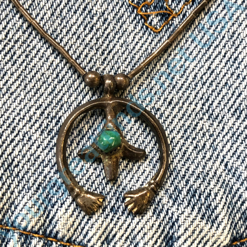 1970S Navajo Sterling Liquid Silver & Turquoise Naja Necklace