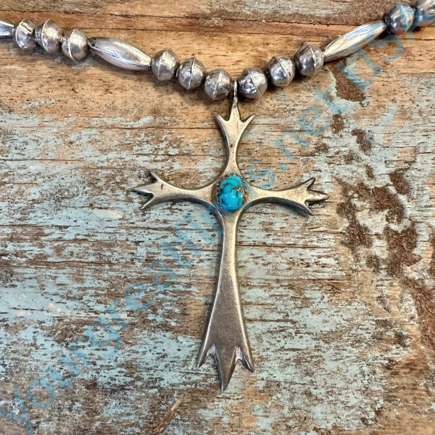 1976 Navajo Bench Bead Cross Necklace Sterling Turquoise