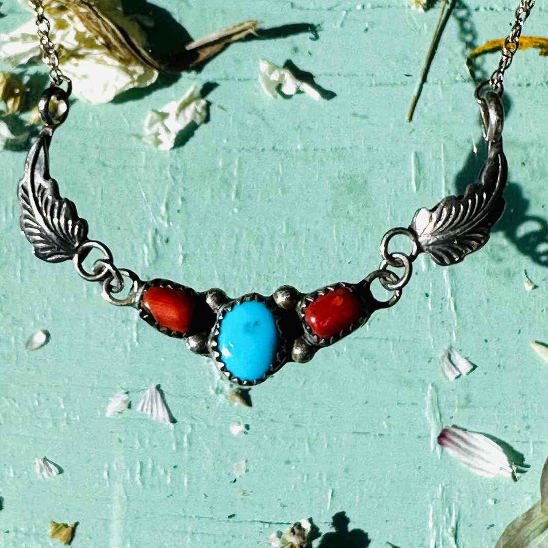Sterling Silver Southwestern Necklace Turquoise & Coral