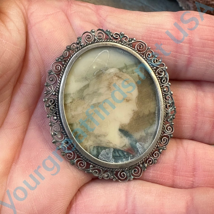 Antique 800 Silver Filigree Hand Painted Portrait Pin Pendant
