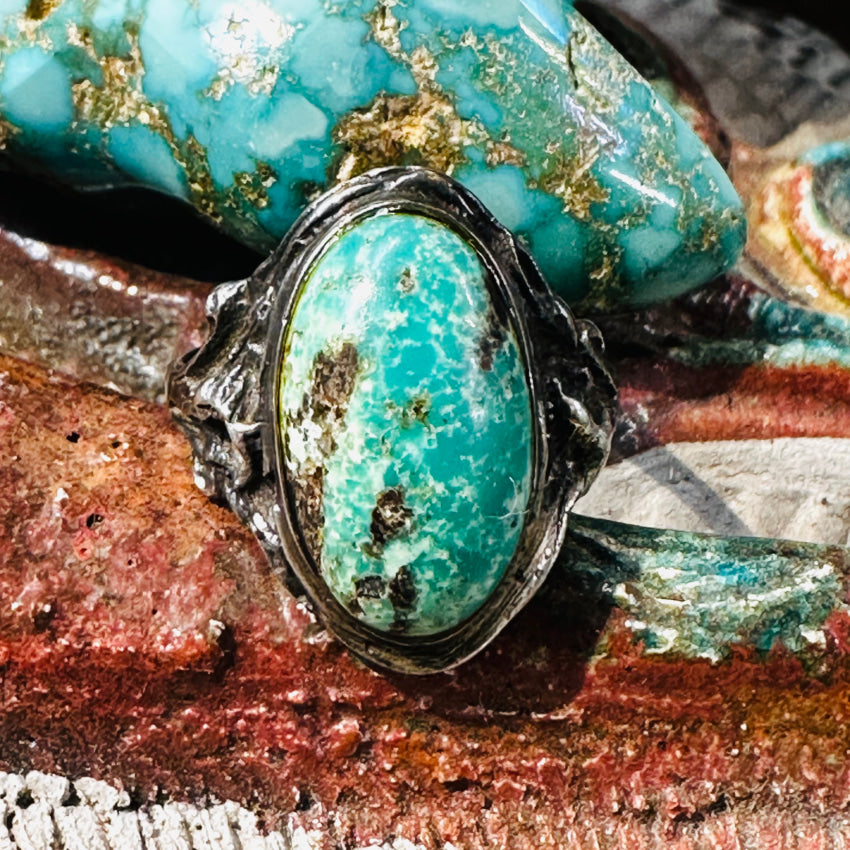 Antique Art Nouveau Sterling Silver & Turquoise Ring Size 7.5