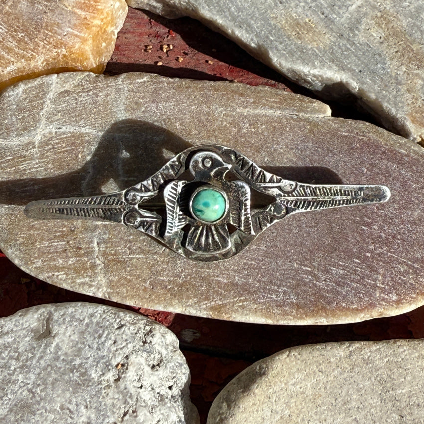 Antique Navajo Sterling Silver Turquoise Thunderbird Bar Pin