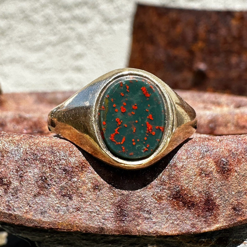 Antique Solid 9K Yellow Gold Bloodstone Signet Ring Size 6.5