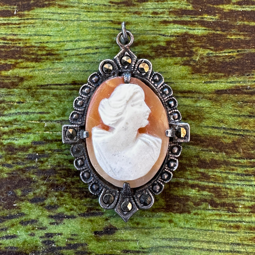 Antique Sterling Silver Carved Shell Cameo Marcasite Pendant