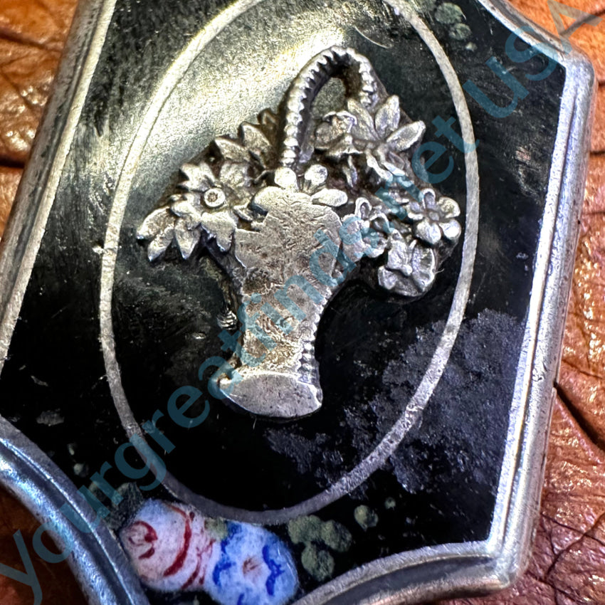 Antique Time Worn Handpainted Enamel Sterling Silver Locket Pendant
