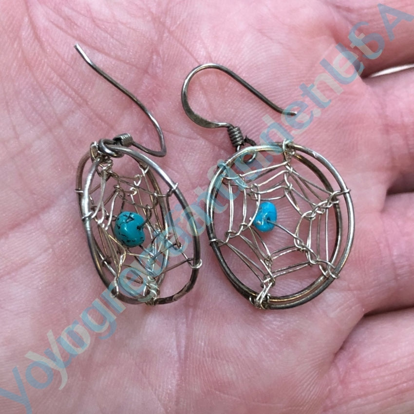 Double Dreamcatcher Earrings with Turquoise Nugget Beads Pierced Sterling Yourgreatfinds