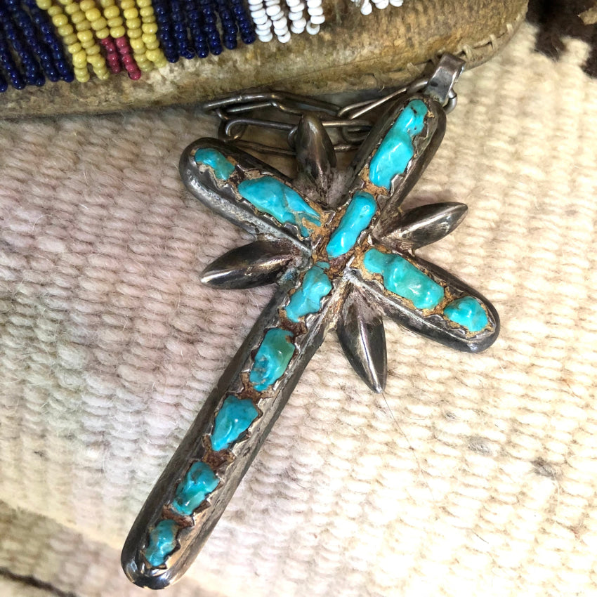 Early Navajo Tufa Stone Cast Sterling Silver Turquoise Cross Necklace