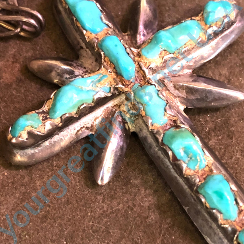Early Navajo Tufa Stone Cast Sterling Silver Turquoise Cross Necklace