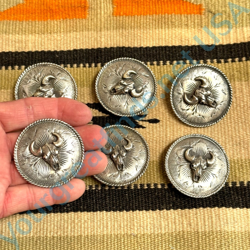 Early Sterling Silver Etched Bison Skull Conchos