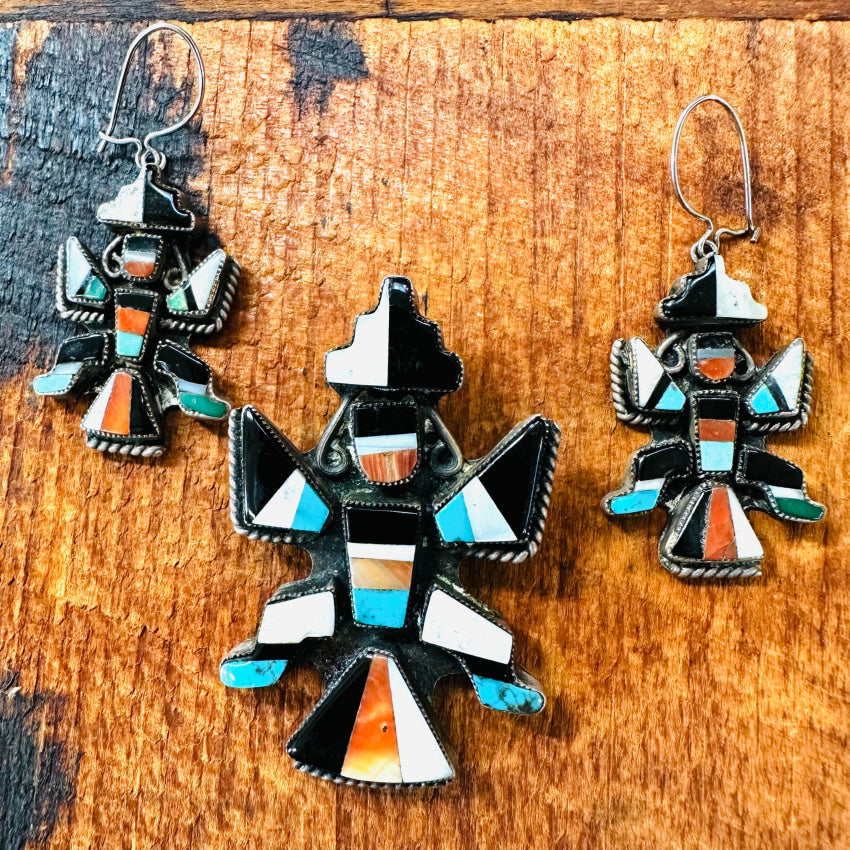 Early Sterling Zuni Channel Inlay Knifewing Pin & Earring Set