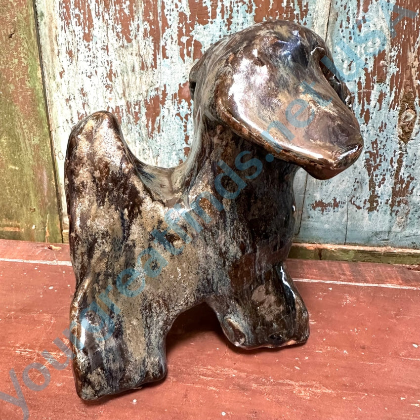 Folky Vintage Stoneware Dog Figurine Mottled Grunge Glaze