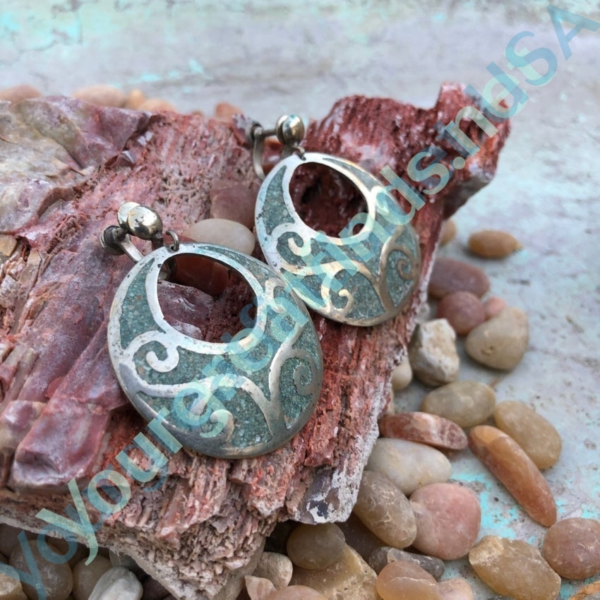 Large Mexican Hoop Earrings with Turquoise Mosaic in Sterling Silver Yourgreatfinds
