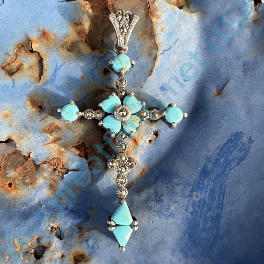 Large Sterling Silver Marcasite Turquoise Art Glass Cross Pendant
