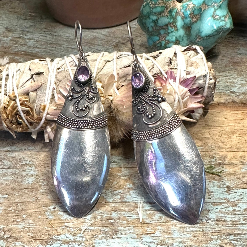 Large Sterling Silver & Purple Amethyst Pierced Earrings