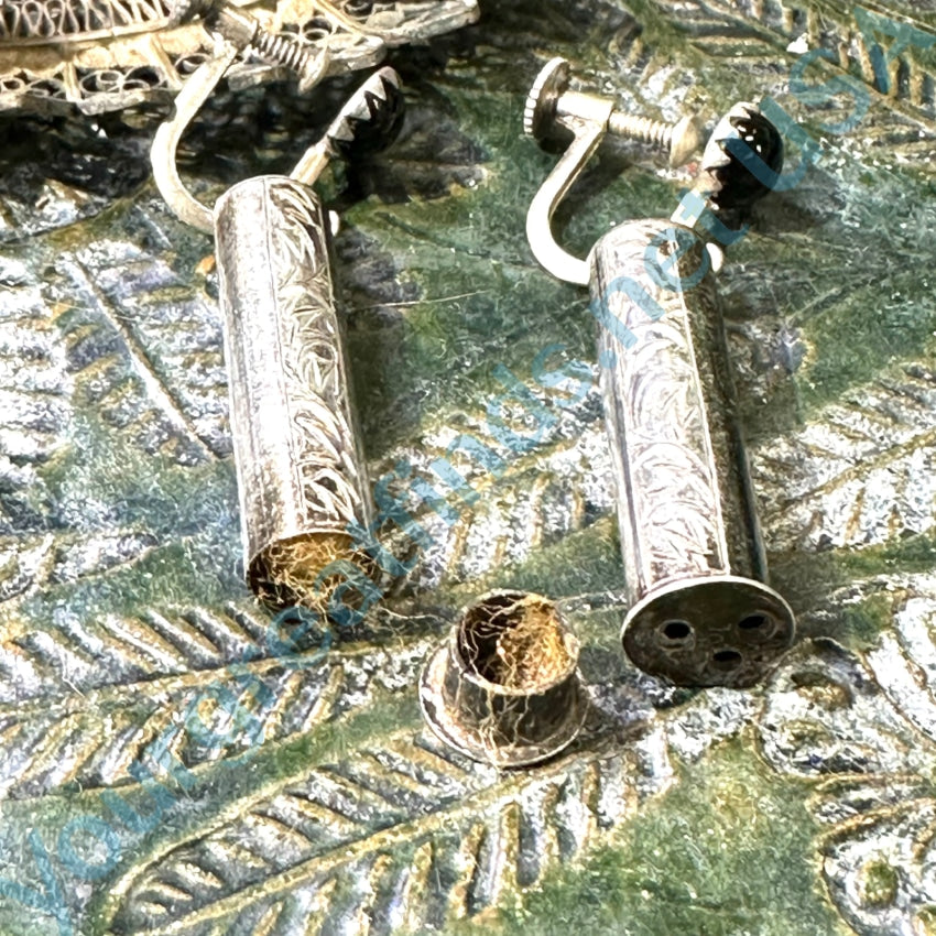 Mid-Century Etched 950 Sterling Silver Vinaigrette Earrings