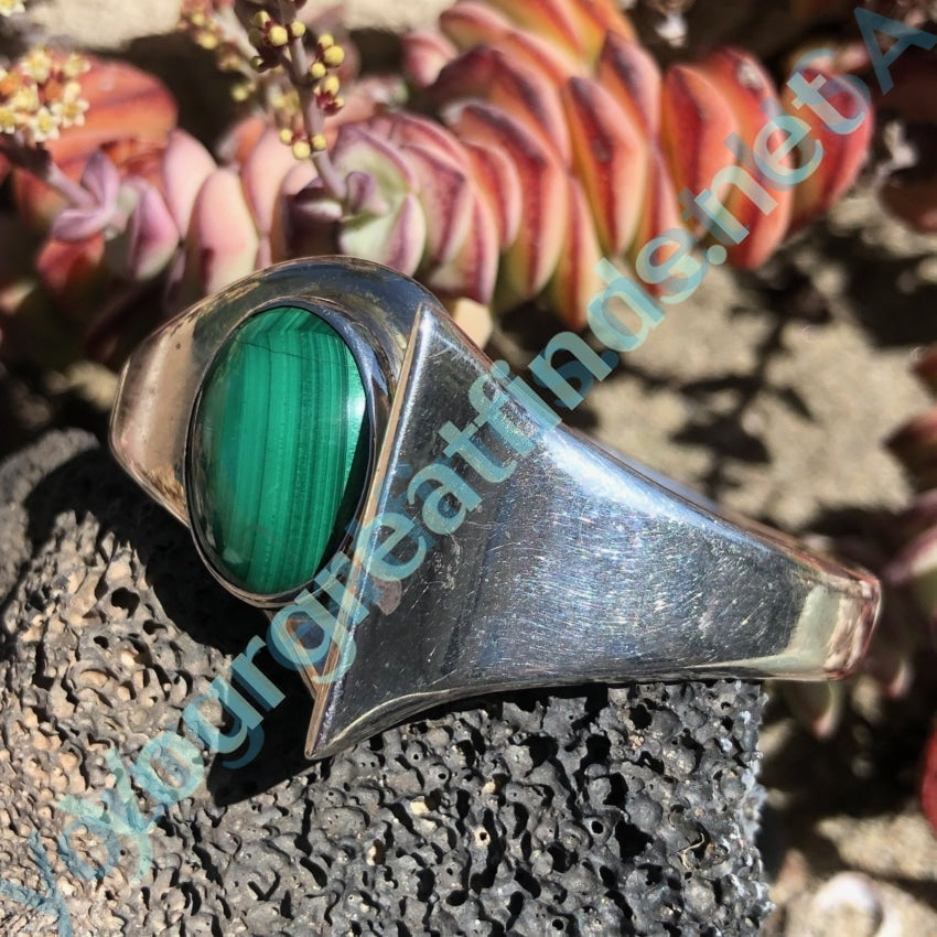 Modernist Malachite Sterling Silver Hinged Bracelet Taxco Mexico Yourgreatfinds