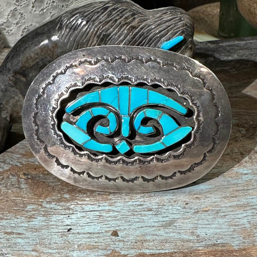 Navajo Sterling Silver Belt Buckle Turquoise Inlay  display picture 1