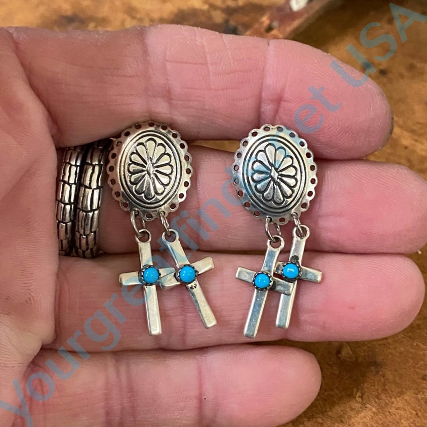 Navajo Sterling Silver Concho 2 Cross Turquoise Earrings