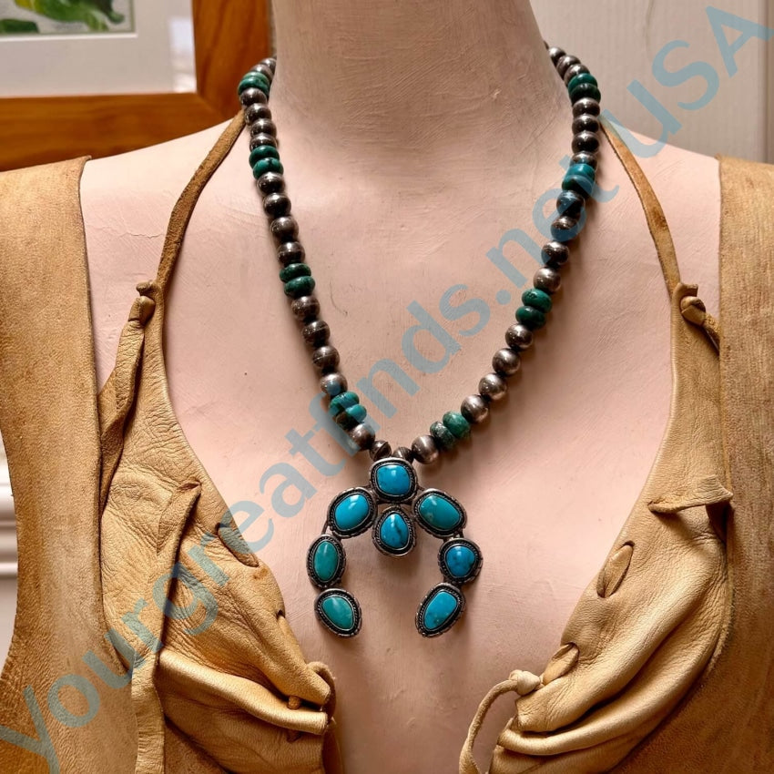 Navajo Sterling Silver Pearl Beads Turquoise Naja Necklace