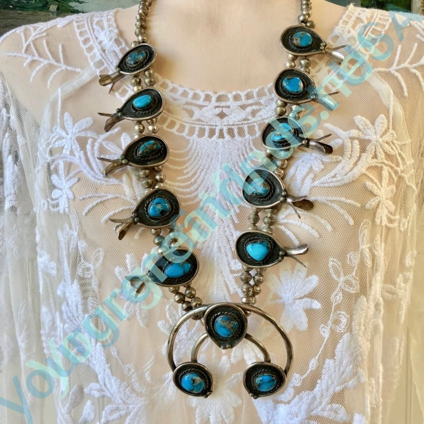 Navajo Turquoise and Sterling Silver Squash Blossom Necklace 1940s Yourgreatfinds