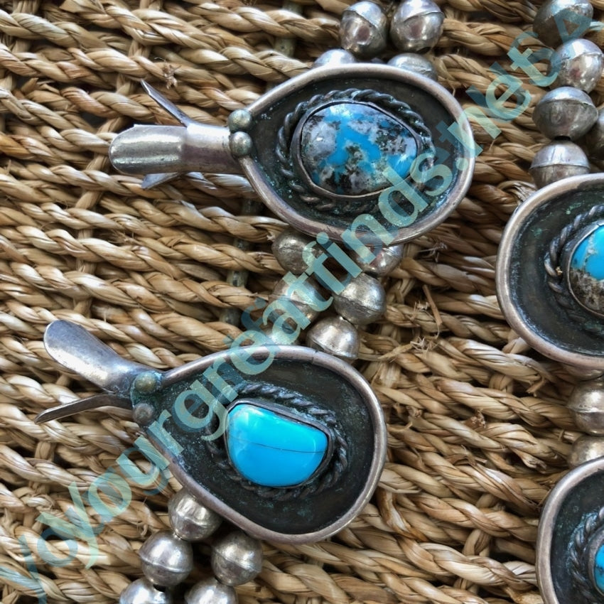 Navajo Turquoise and Sterling Silver Squash Blossom Necklace 1940s Yourgreatfinds