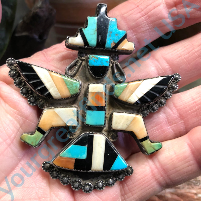 Old Huge Zuni Inly Knifewing Sterling Silver Turquoise Inlay Pin