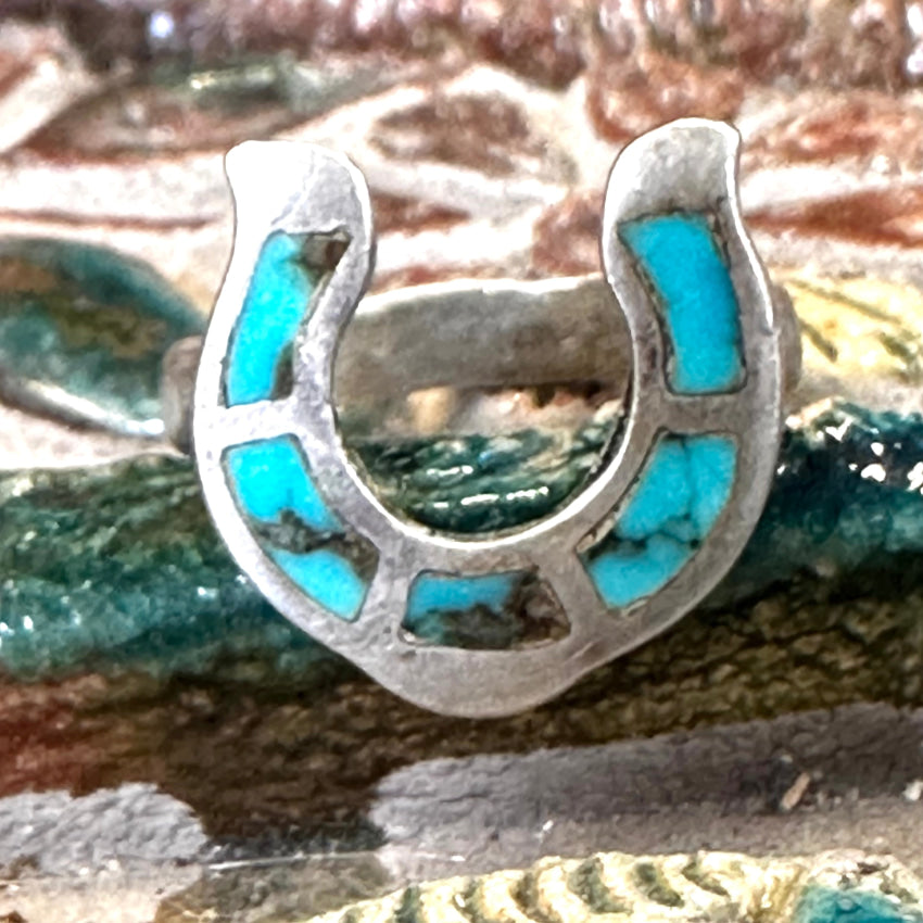 Old Navajo Sterling Silver &amp; Turquoise Inlay Horseshoe Ring Size 5.5