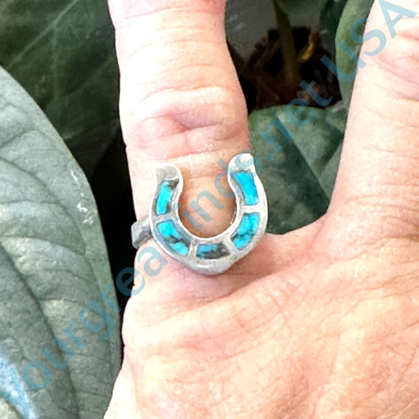 Old Navajo Sterling Silver &amp; Turquoise Inlay Horseshoe Ring Size 5.5