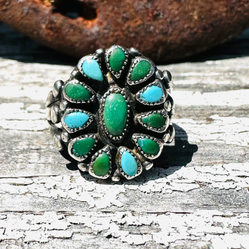 Old Navajo Sterling Silver & Turquoise Rosette Raindrop Ring Size 7