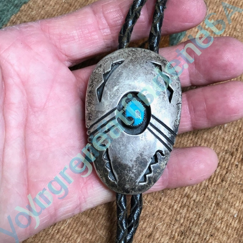 Old Navajo Sterling Silver Turquoise Shadowbox Bolo Tie Yourgreatfinds