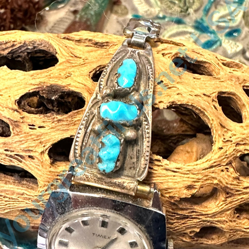 Old Navajo Sterling Silver Turquoise Watch Band Plate &amp; Expansion