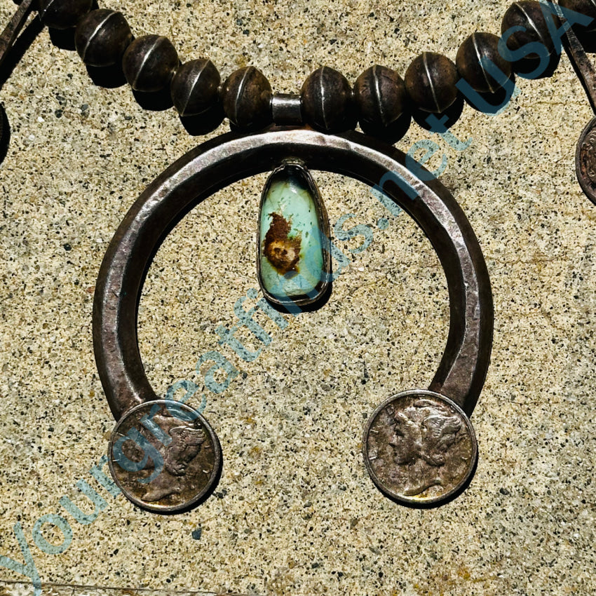 Old Navajo Turquoise & Mercury Dime Silver Squash Blossom Necklace Apparel Accessories