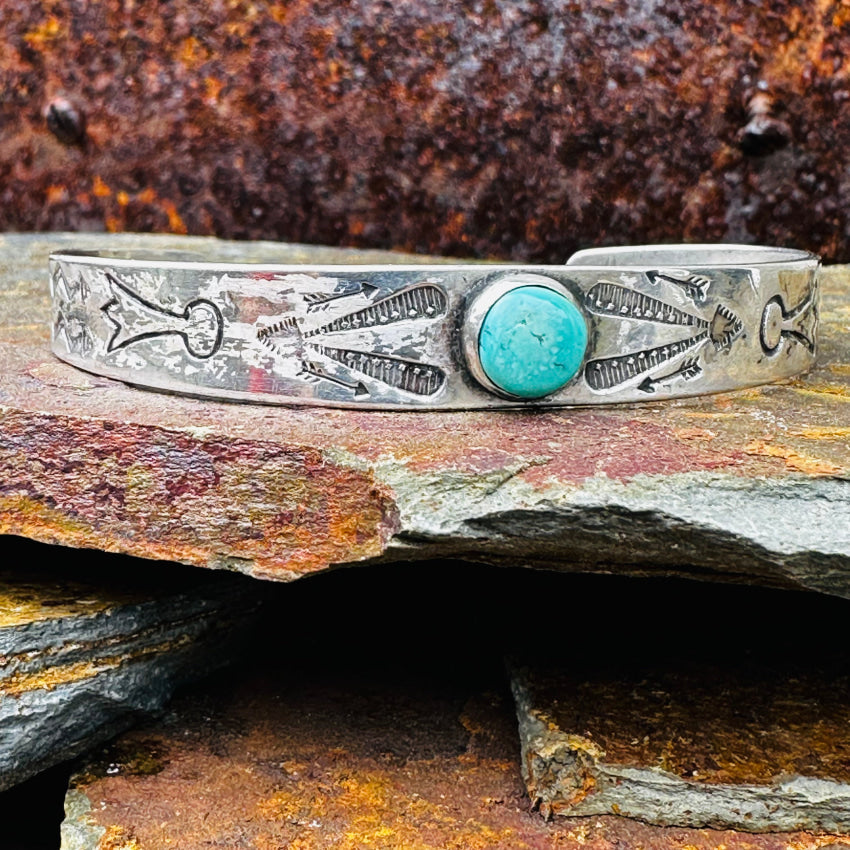 Native American outlets Navajo Fred Harvey Era Old Pawn Turquoise Hand Stamped Sterling Bracelet 1970 6 1/8