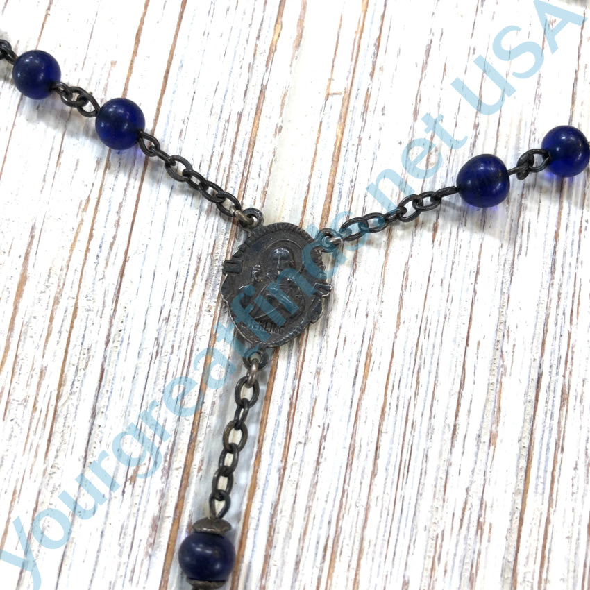Old Sterling Silver & Dark Blue Glass Rosary