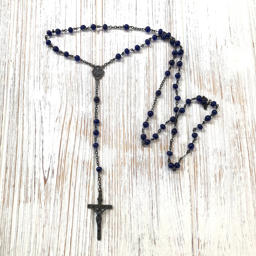 Old Sterling Silver & Dark Blue Glass Rosary