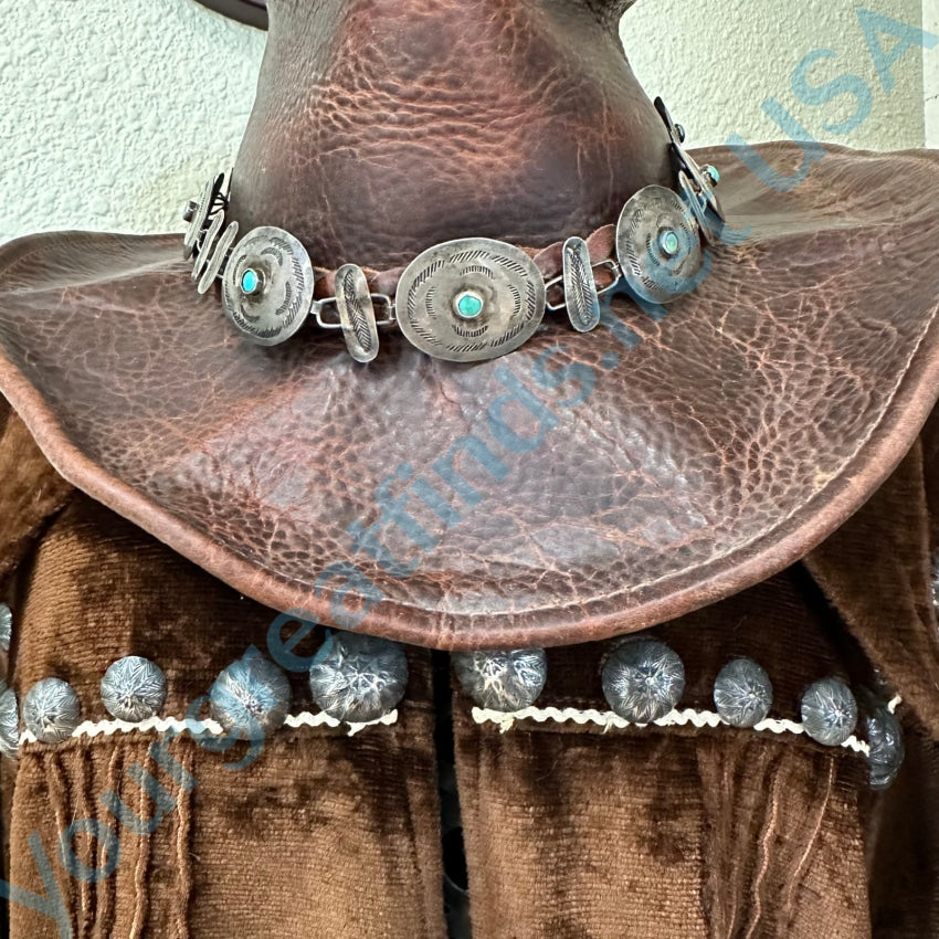 Old Wrought Sterling Silver Concho Turquoise Hatband Belt Navajo