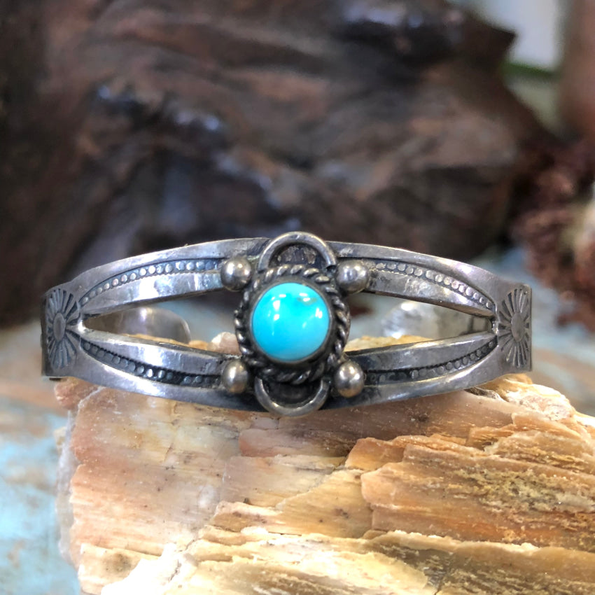 Old Wrought Sterling Silver &amp; Turquoise Child’s Bracelet Navajo