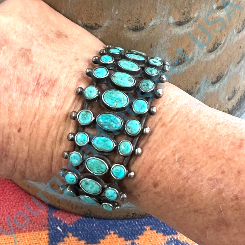 One Of A Kind Early Navajo Triple Row Turquoise Sterling Bracelet