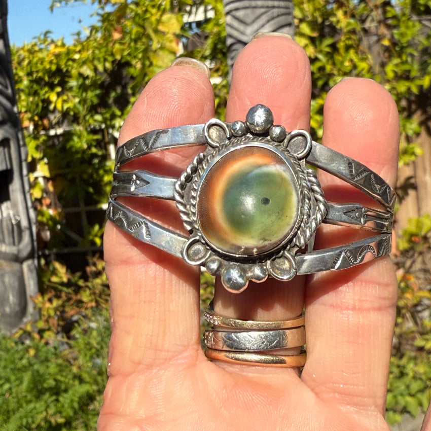 Rare Antique Navajo Operculum Shell Sterling Silver Cuff Bracelet
