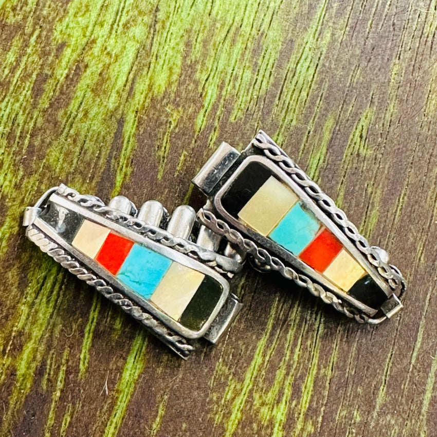 Rustic Vintage Sterling Silver Watchband Channel Inlay Turquoise