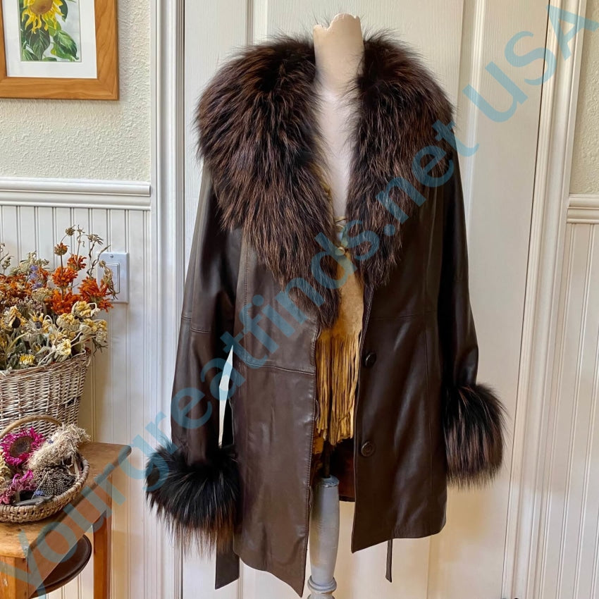 Soft Brown Leather Saga Fur Coat & Belt Fur Coat