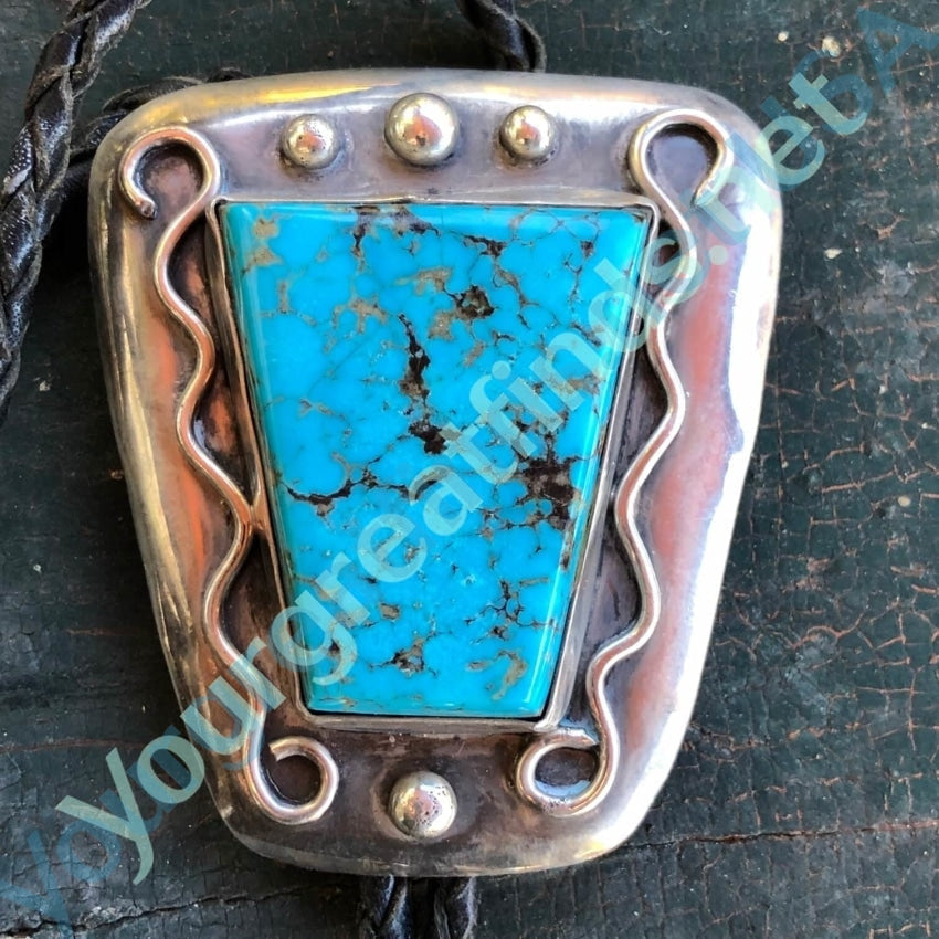Spider Web Turquoise Navajo Leather Bolo Tie Sterling Yourgreatfinds