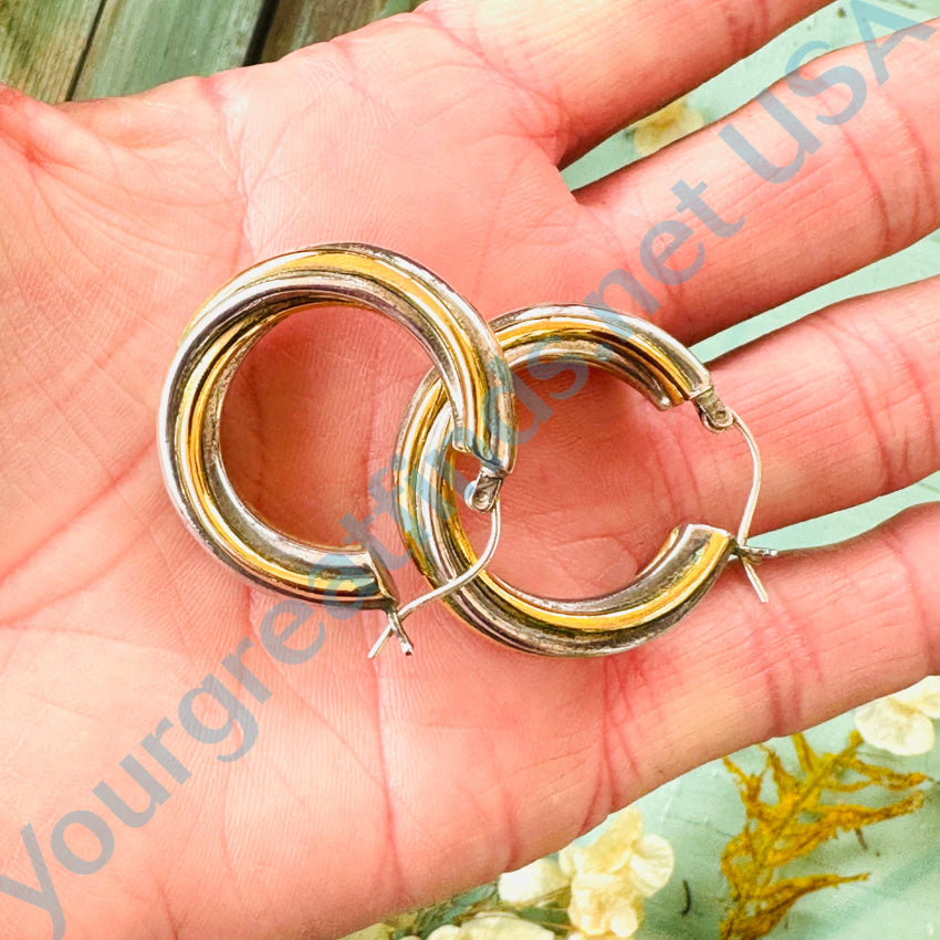 Sterling Silver & Brass Large Hoop Pierced Earrings