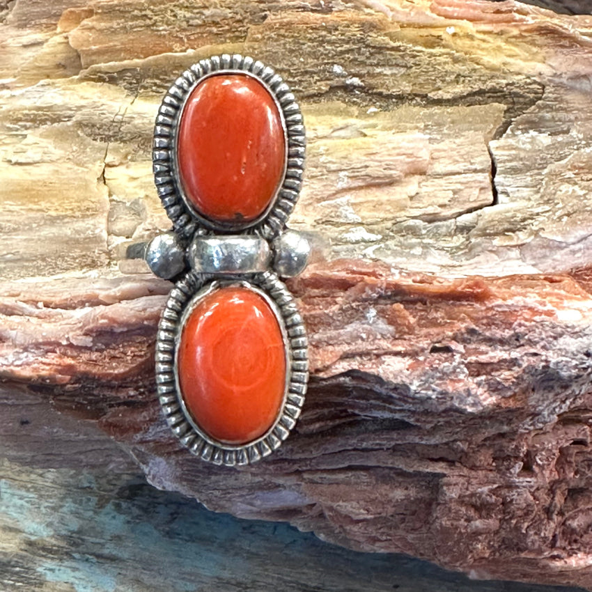 Vintage Native American Silver Coral outlets & Turquoise w/Squash Ring Size 7.5