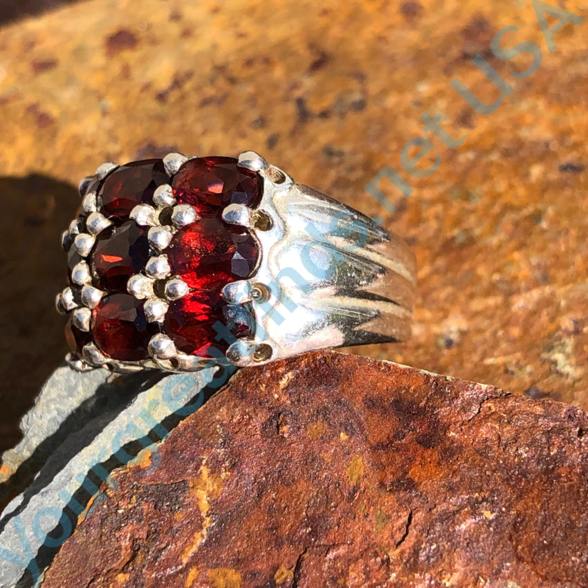 Sterling Silver & Faceted Garnet Band Ring Size 7