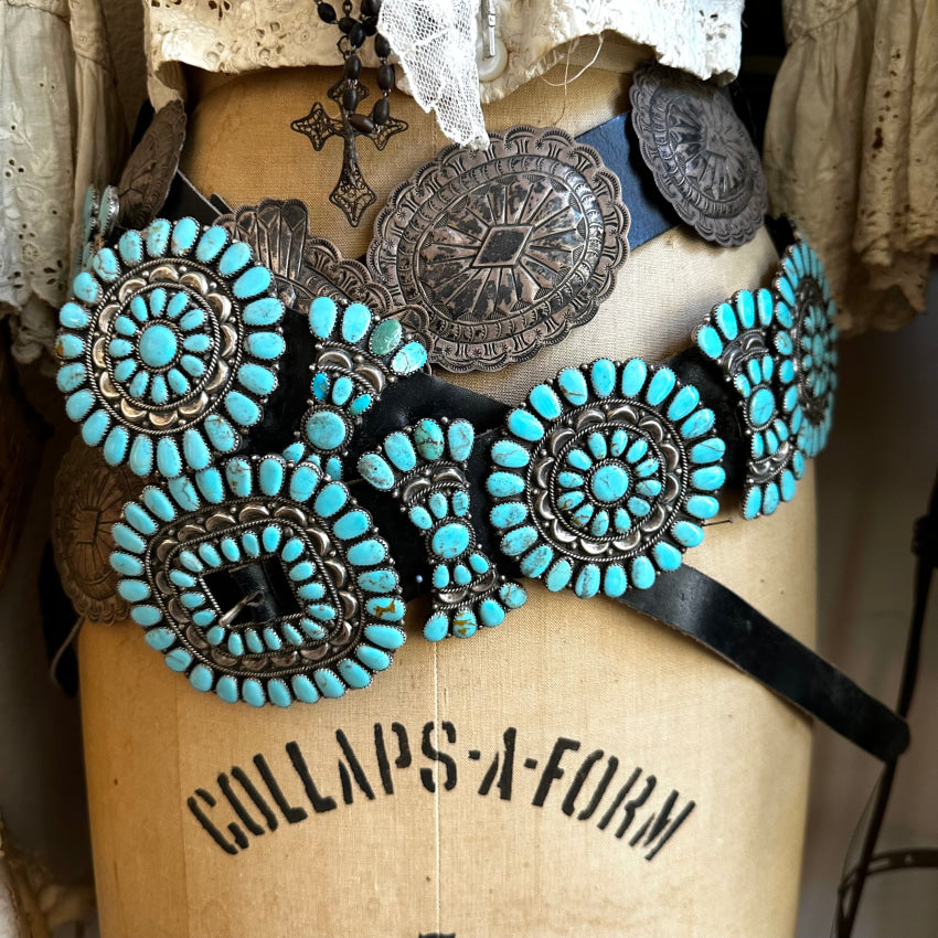 Sterling Silver Navajo Turquoise Cluster Concho Belt On Leather