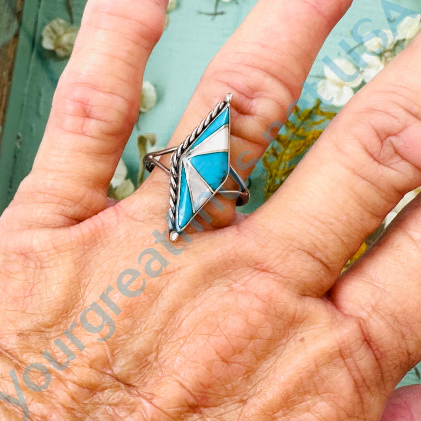 Sterling Silver Turquoise & Mother-Of-Pearl Inlay Ring Size 9