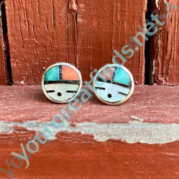 Tiny Zuni Sun God Pierced Stud Earrings Sterling Silver