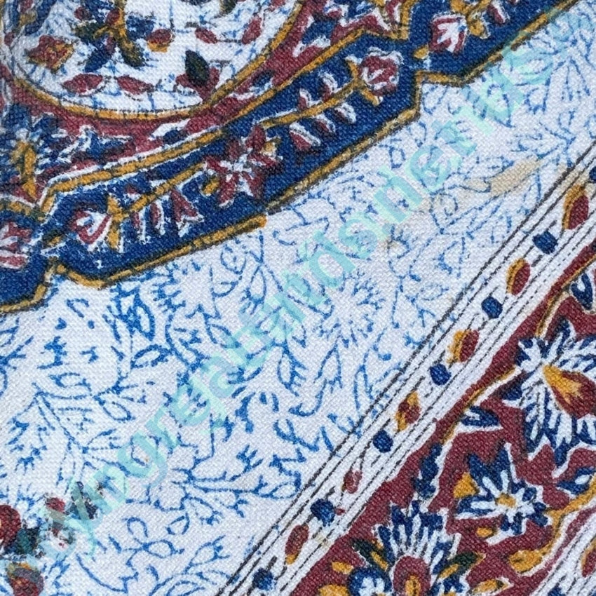 Vintage 1960s Indian Block Print Tapestry Tablecloth Cotton Blue White Yourgreatfinds